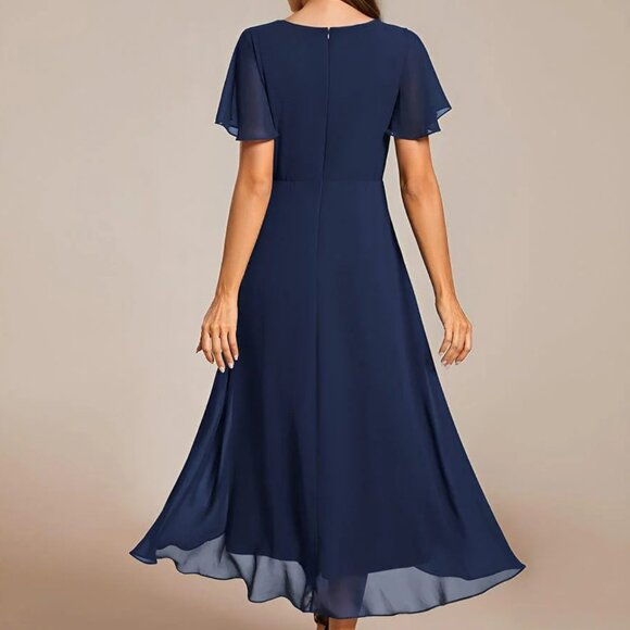 Navy Chiffon Pleated Empire Waist Midi High Low Hem Party Dress * Medium * NEW - Picture 12 of 14